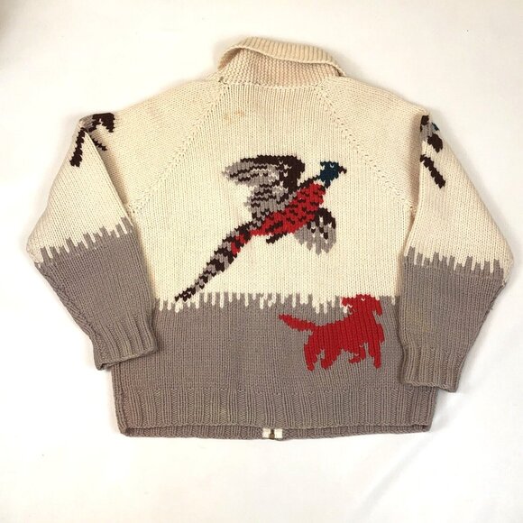 Vintage Cowichan Knitted Zip Sweater Hunter Dog Hunting Pheasant Talon Zipper - Picture 2 of 11